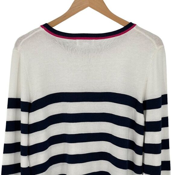 Kim Rogers Intarsia Stripe Crewneck Sweater Sequin Bow Graphic White Blue Large - Picture 8 of 11